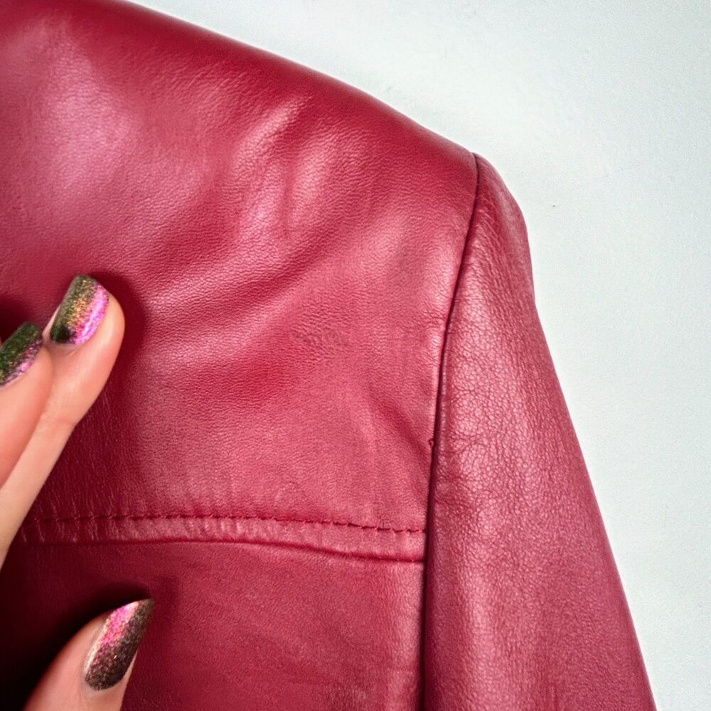 Casual Corner Annex Petite 90's Red Leather Jacket Zip Front Racing Lined M - Picture 15 of 16